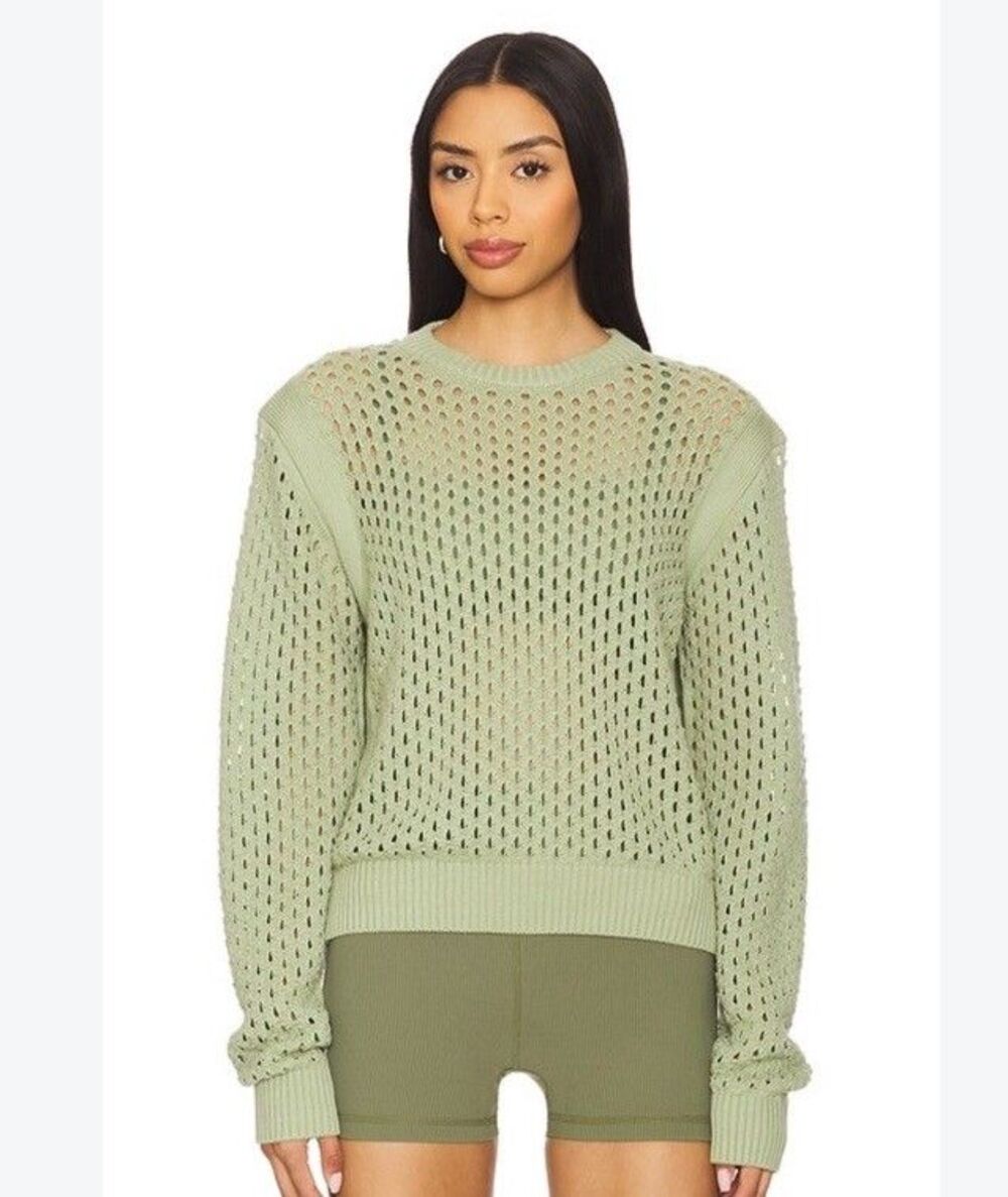 Varley Hains Knit Sweater L Cotton Snow Sage Green Mesh Open Knit Zip Side